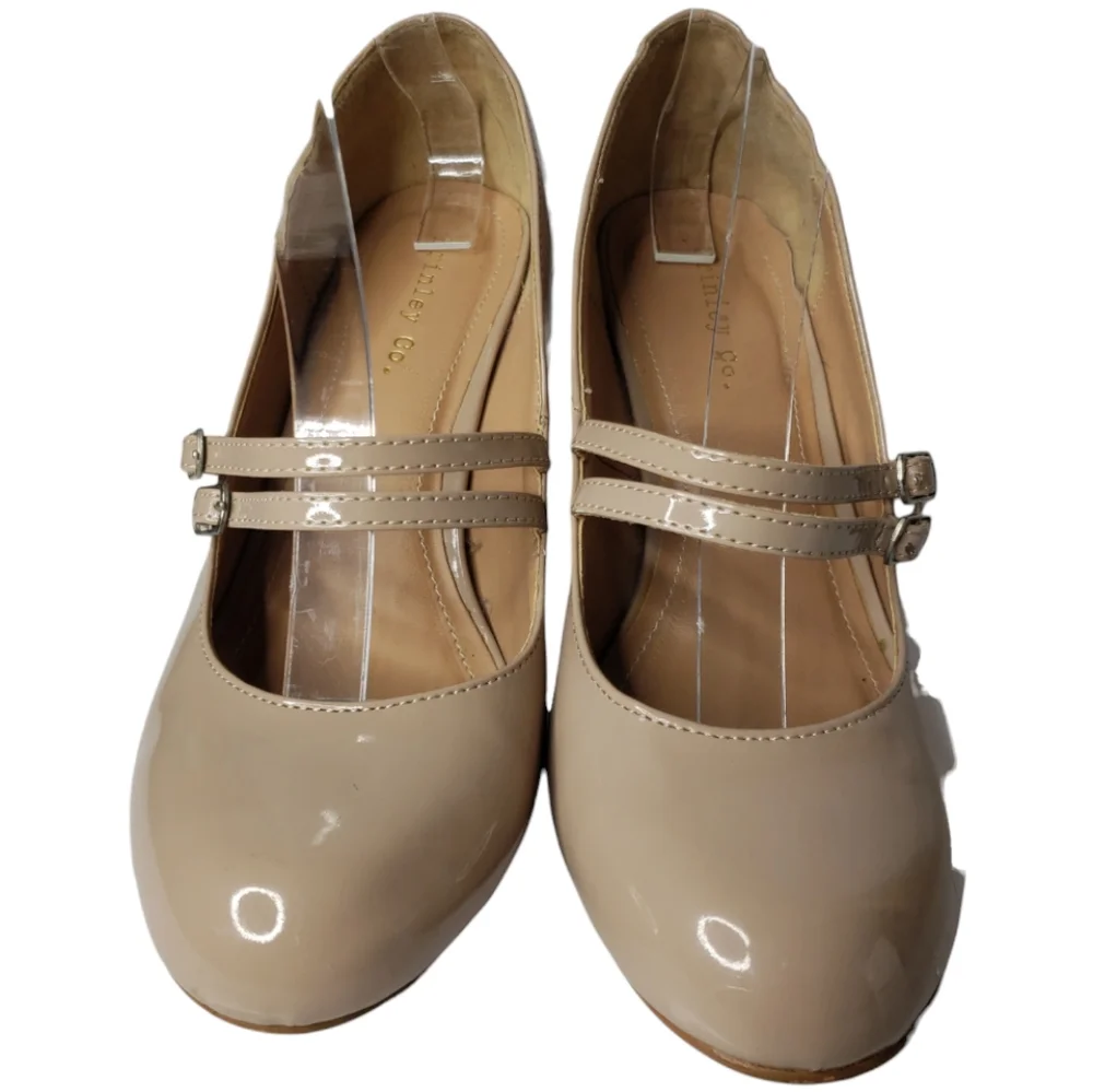 Bridesmaid Faux Patent Double Strap Mary Jane Heels Neutral Office Brinley 7.5 ♡